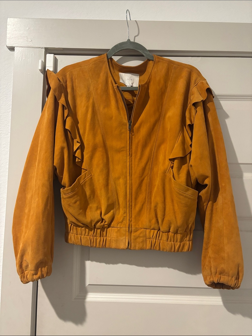 Joie Amber Suede Ruffle Bomber Jacket